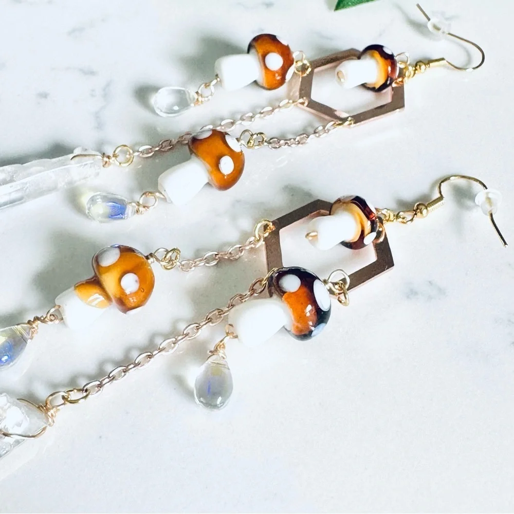 2/$30🌵 Mushroom Gold Chandelier Earrings Crystals Forest Hippie Boho Fairy NEW